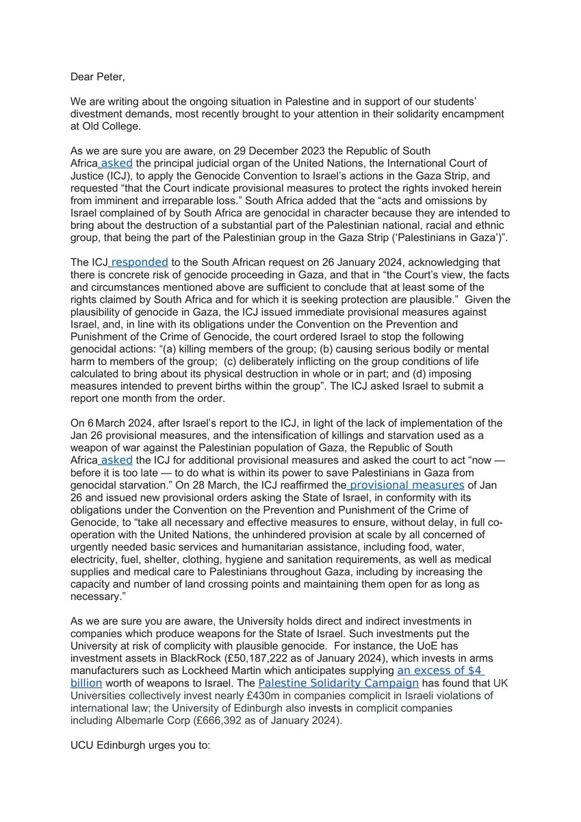 ssassemblyedi's tweet photo. @ucuedinburgh sent the following letter to @EdinburghUni's Principal, Peter Mathieson, two days ago. UCU members/staff visited the student encampment yesterday - a reminder that students from @eu_jps R on hunger strike. Pls RT #RafahUnderAttack #FreeGaza #FreePalestine #DivestNow https://t.co/qxQLNocGpK