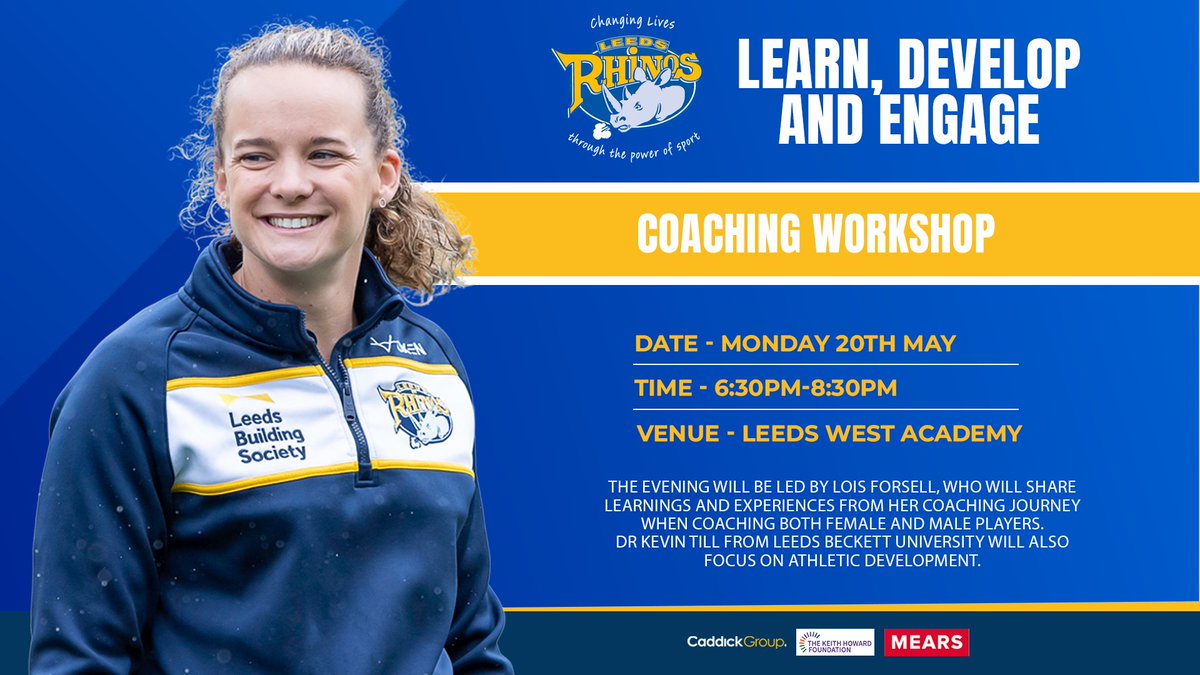 🚨 𝕀ℂ𝕐𝕄𝕀 Our next Coaching Workshop is taking place on Monday 20th May, with @leedsrhinos Women's Head Coach, @LoisForsell!🦏 Learn, develop and engage through theory and practical observations🏉 📍 @LeedsWestWay ⏰ 6:30-8:30pm Book your place 👉 bit.ly/3Utbe1l