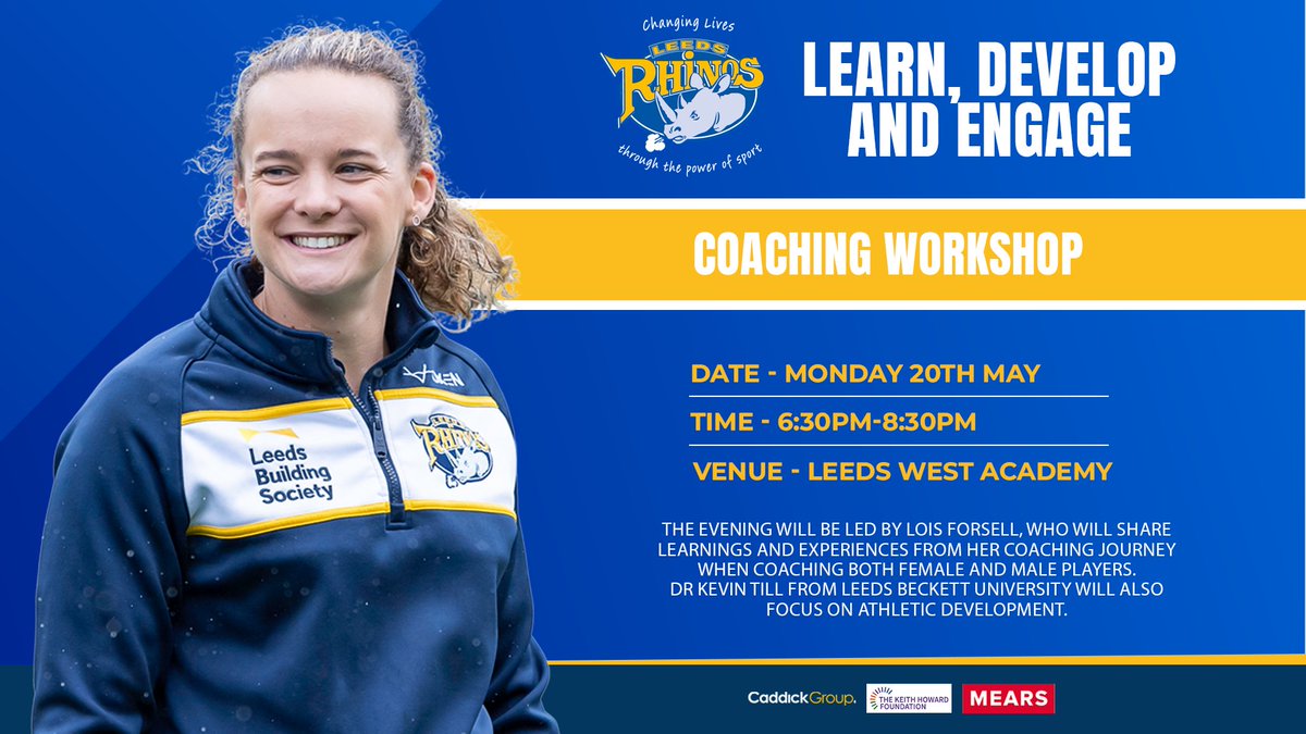 🚨 𝕀ℂ𝕐𝕄𝕀

Our next Coaching Workshop is taking place on Monday 20th May, with <a href="/leedsrhinos/">Leeds Rhinos</a> Women's Head Coach, <a href="/LoisForsell/">Lois Forsell</a>!🦏

Learn, develop and engage through theory and practical observations🏉

📍 <a href="/LeedsWestWay/">Leeds West Academy</a>
⏰ 6:30-8:30pm

Book your place 👉 bit.ly/3Utbe1l