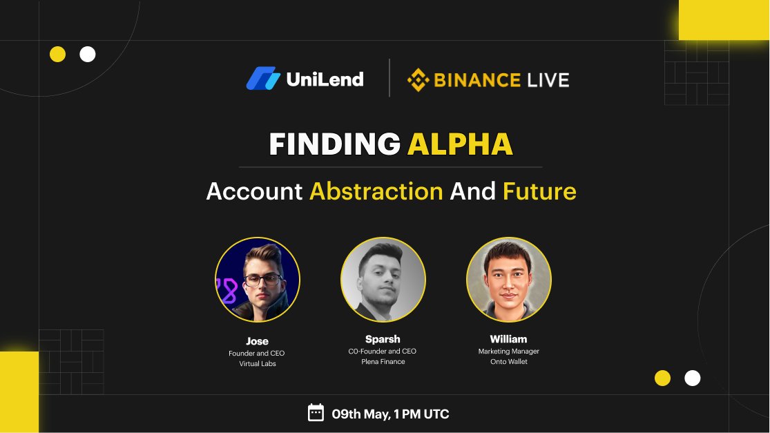 Seeking Alpha on #AccountAbstraction ?🔎

Tune In for an exclusive 'Finding Alpha Series' featuring @PlenaFinance, @0xVirtualLabs & @ONTOWallet on @Binance LIVE!📺

⏰9th May, 1 PM UTC

💬Agenda: Account Abstraction and Future

📍Set your reminders: binance.com/en/live/video?…