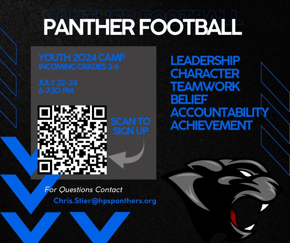HersheyPanthers's tweet photo. 2024 PANTHER YOUTH FOOTBALL CAMP!!!! Sign your incoming 3rd-6th grader up for the Panther Football Youth Camp this summer...The details are located on the flyer and you can sign up using the QR code. Looking forward to seeing some future Panthers out on the gridiron this summer!!! #PANTHERMOJO