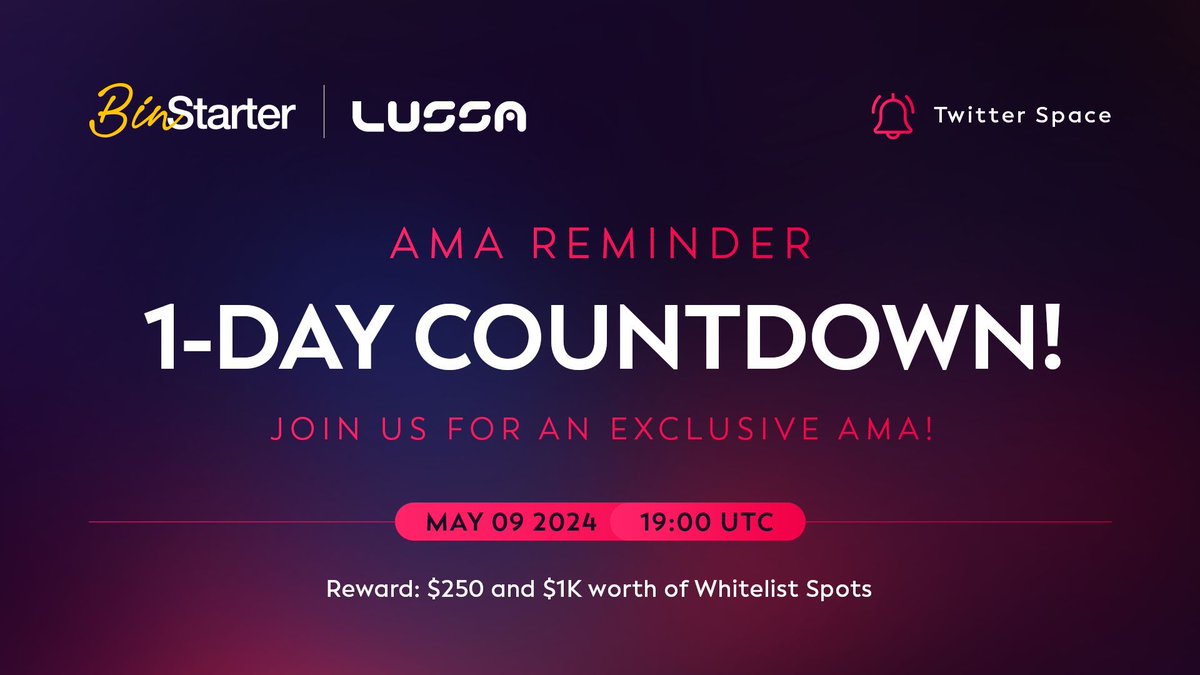 🔔 Reminder: Join us tomorrow for an exclusive #AMA session with Zlatko, CEO of @LUSSAio 🔥 Get the latest updates and insights directly from the top. Plus, you could win $250 + $1K worth of Whitelist Spots! 💰 📅 Date: May 9th, 2024, 19:00 UTC 📍 Venue: x.com/i/spaces/1ypkk…