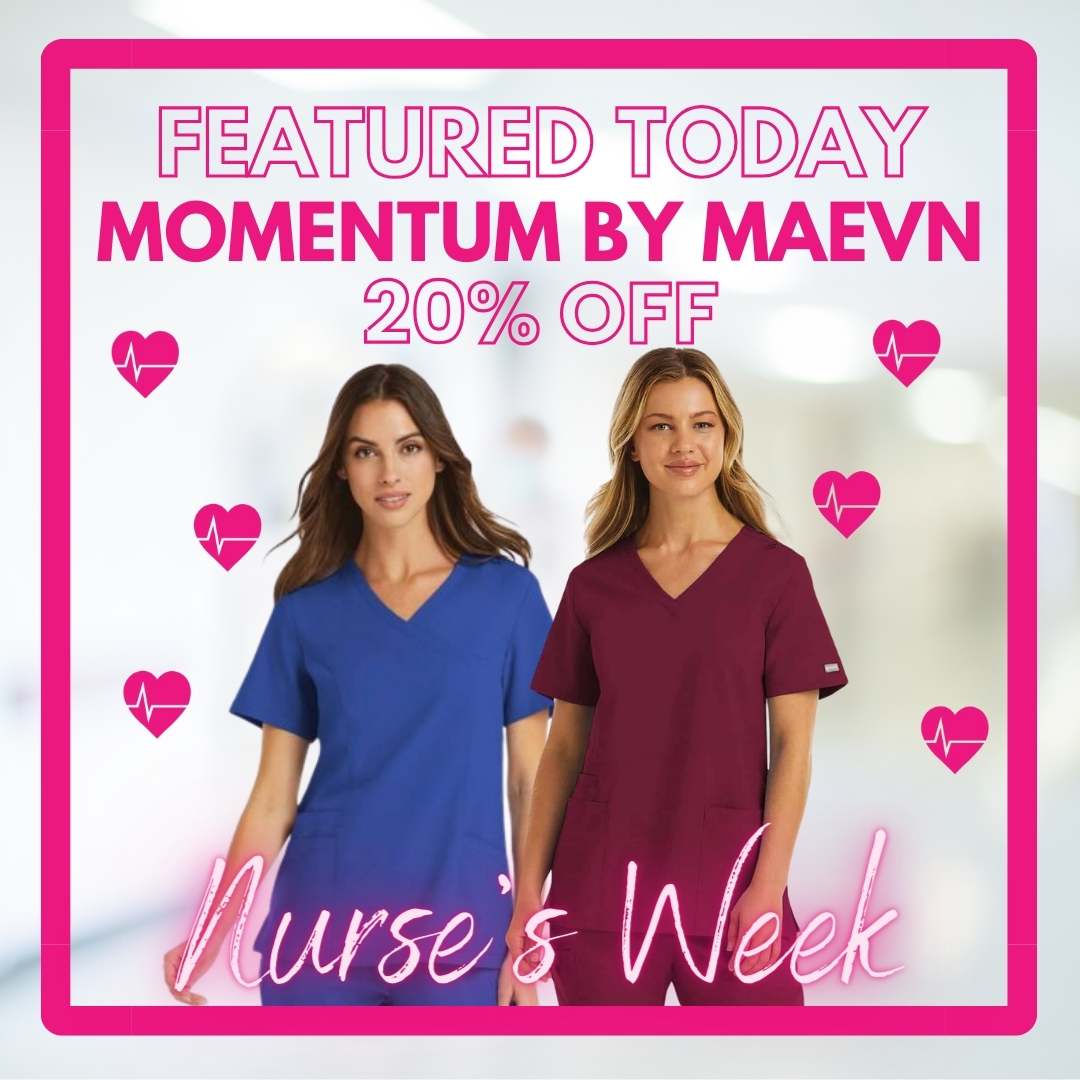 🌟Celebrate #NursesWeek at #ScrubsOfEvans! Today's top pick: Momentum by Maevn with 20% off. 💫 Nominate a nurse for spa day: 1l.ink/P5PJB8L Winners announced Saturday! Spread the word! 💖 #MidweekMomentum #ThankYouNurses #ShopToSupport 🎉