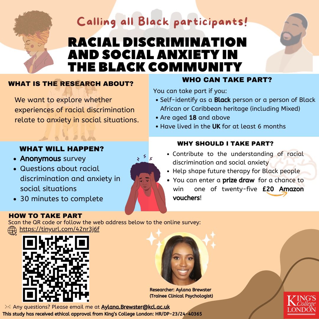 🚨Research Highlight🚨 A research study exploring the relationship between racial discrimination and social anxiety symptoms in Black people in the U.K. If you would like to take part, please click the survey link below: tinyurl.com/42nr3j6f