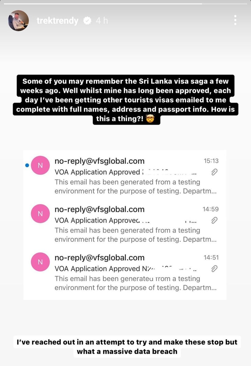 This is how <a href="/VFSGlobal/">VFS Global</a> is handling Sri Lankan Visa's,

"Some of you may remember the Sri Lanka visa saga a few weeks ago. Well whilst mine has long been approved, each day I've been getting other tourists visas emailed to me complete with full names, address and passport info.
