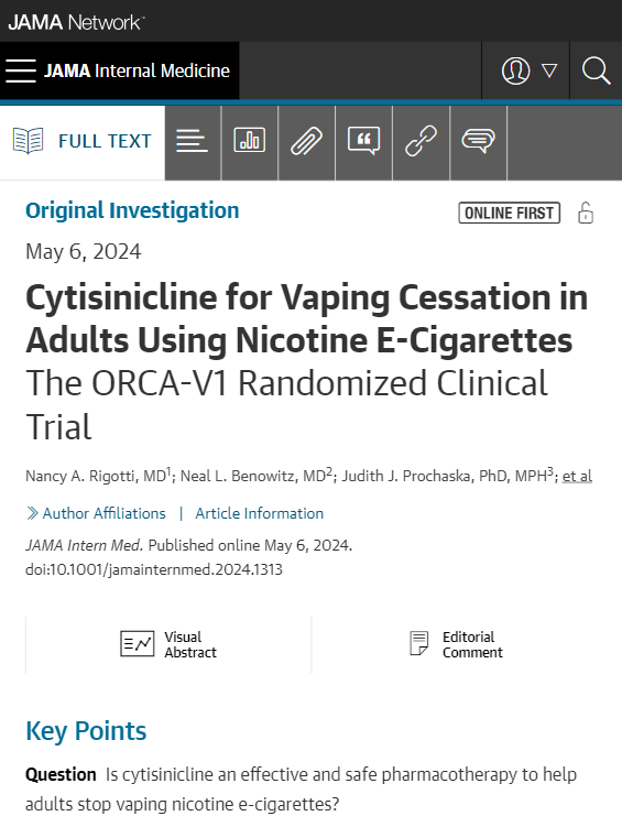 In this randomized clinical trial, cytisinicline for 12 weeks, with behavioral support, demonstrated efficacy for cessation of e-cigarette use at end of treatment and was well tolerated by adults. ja.ma/3Upf63k