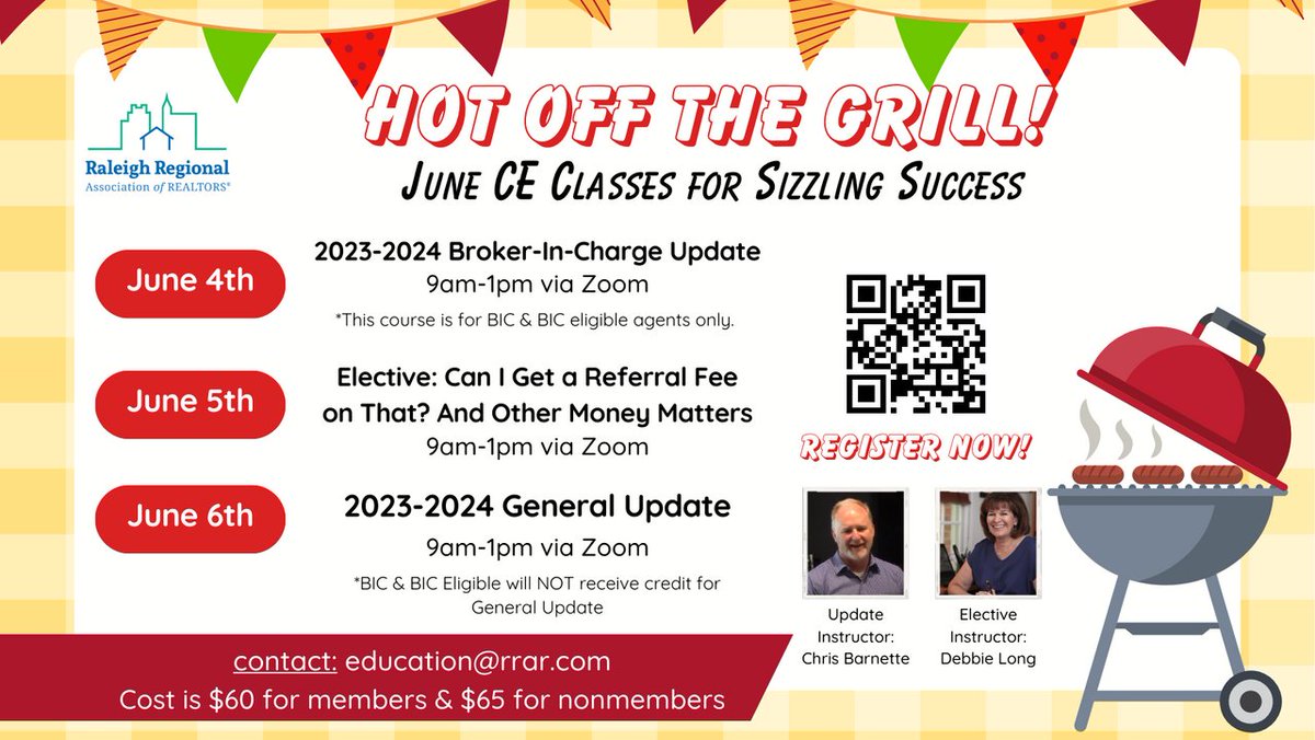 LAST Virtual CE classes before the deadline! 

23-24 BICUP
6/4 | 9a-1p
Chris Barnette

23-24 GENUP
6/5 | 9a-1p
Chris Barnette

Elective: Can I Get a Referral Fee On That? And Other Money Matters
6/6 | 9a-1p
Debbie Long

$60 members;$65 nonmembers
Register: linktr.ee/rrarce