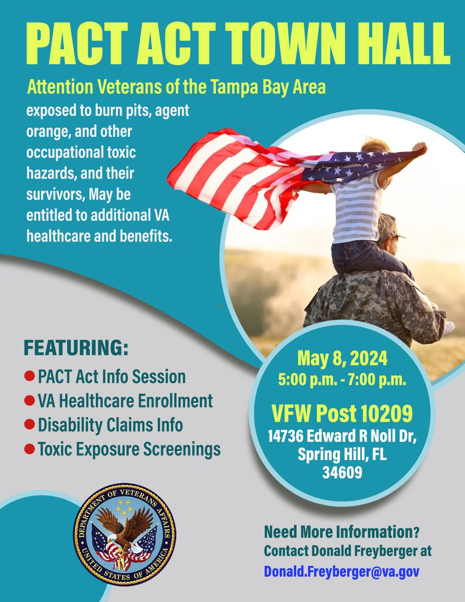 Confused about how the PACT Act applies to you? Come to the Town Hall Meeting tonight at VFW Post 10209 to learn more. #PACTAct #TeamTampa #ProudVeterans #ThankYouForYourService #VABenefits #DisabilityClaims