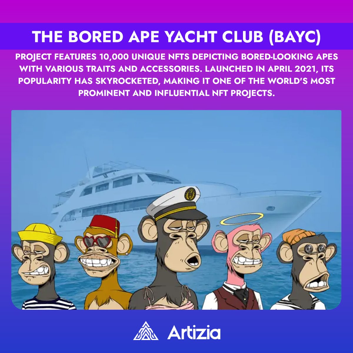 Catch the wave of BAYC! 🌊🐒 From unique traits to a renowned reputation, these 10k NFTs have been a force in the crypto seas since April '21. 🐵⛵️
.
.
.
#NFTCommunity #DigitalArt #CryptoCollectible #BoredApeYachtClub #NFTdrop #VirtualArt #Ethereum #BlockchainArt #CryptoArt #BAYC