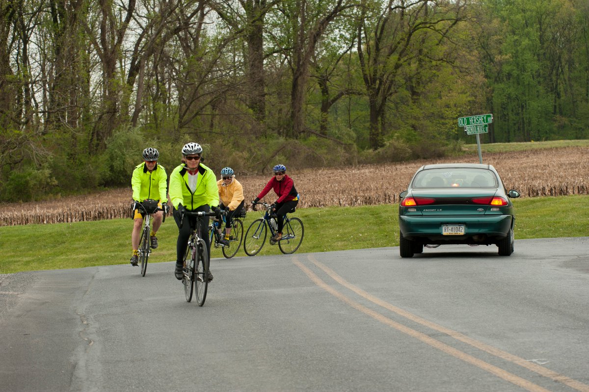Safety in numbers! 🚲 🚲 🚲 🚲 Studies show that drivers are MORE careful when they see multiple cyclists on the road. If you can, ride in a group. More bike safety info and resources: bit.ly/PennDOTBicycle…. #BikeSafetyMonth