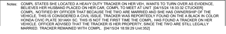 awritingbeth's tweet photo. Just one week later, on April 15, Mica reports to police that there was a tracker on her car. Because they were married, the police said it was a civil issue and told her the tracker was actually her property. This tracker was not taken into evidence that day. https://t.co/9S3IVrof9G