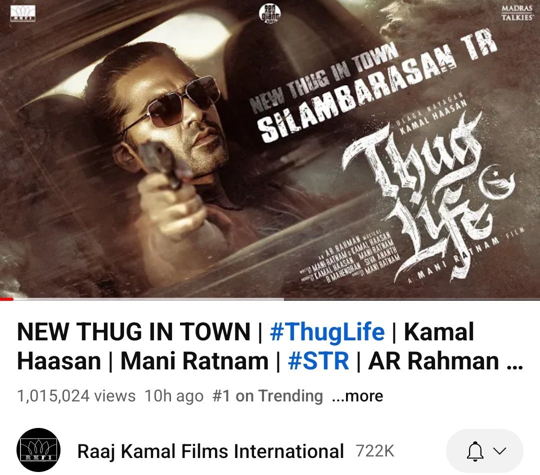 #NewThugInTown Smashed 1M+ Views And With Trending No 1 in @YouTube 🔗 youtu.be/3Ut8ts6g-OE?si… #SilambarasanTR #ThugLife @SilambarasanTR_ @RKFI