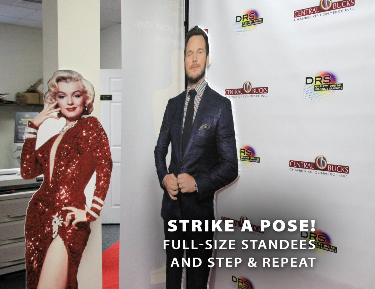 Strike a pose! 📸 Add an element of fun at your next event with a custom step & repeat and some full-size standees. #DRSImagingandPrint #stepandrepeat #standees #cutouts #fullsize #lifesize #background #photoopp #photoopportunity #events #specialevents #eventdesign #tradeshows