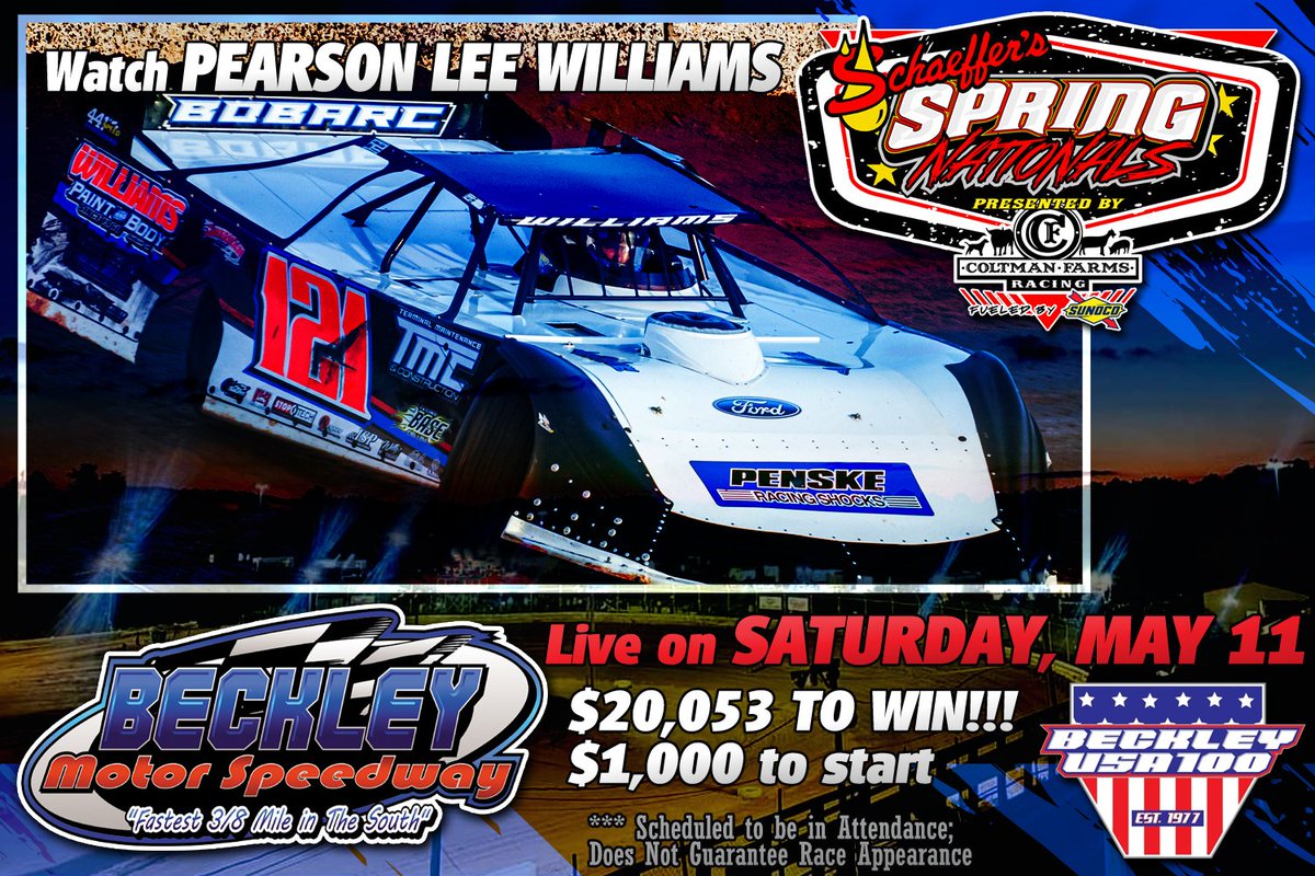 Watch series point leader <a href="/pl_121/">Pearson Lee Williams</a> vie for the $20,053 top prize with the <a href="/SchaefferOil/">Schaeffer Oil</a> #SpringNationals in the annual Beckley USA 100 on Saturday, May 11 at Beckley Motor Speedway!

If you are unable to make the trip to Mount Hope, WV, watch every lap LIVE on <a href="/FloRacing/">FloRacing</a>. 🏁