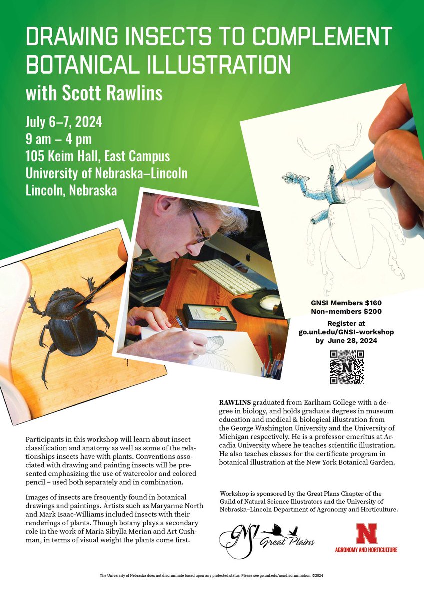 Upcoming in-person workshop! Join the Great Plains Chapter and the University of Nebraska–Lincoln Department of Agronomy and Horticulture on July 6 - 7 for 'Drawing Insects to Complement Botanical Illustration' with Scott Rawlins. Register by June 28! go.unl.edu/GNSI-workshop