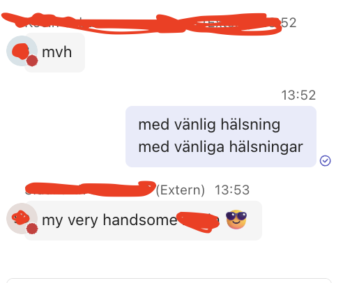 När en online-elev frågar vad m v h betyder och en annan elev svarar. :)