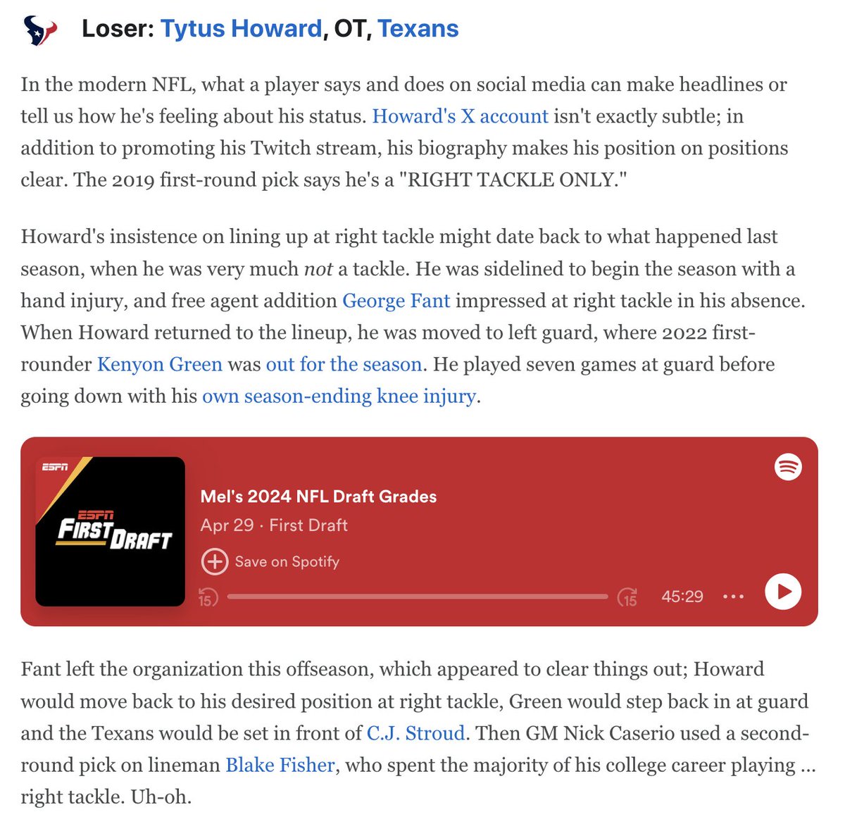 Tytus Howard was listed as one of the 'losers' in ESPN's '2024 NFL draft winners, losers: Players impacted by rookie picks.' espn.com/nfl/insider/st…