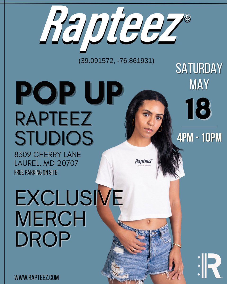 As we kick off the summer, join us for our first Rapteez Popup Event of the year at @Rapteezstudios on Saturday, May 18th, from 4 PM to 10 PM. Be among the first to cop our exclusive merch and new summer pieces before they hit the online store! 🙌