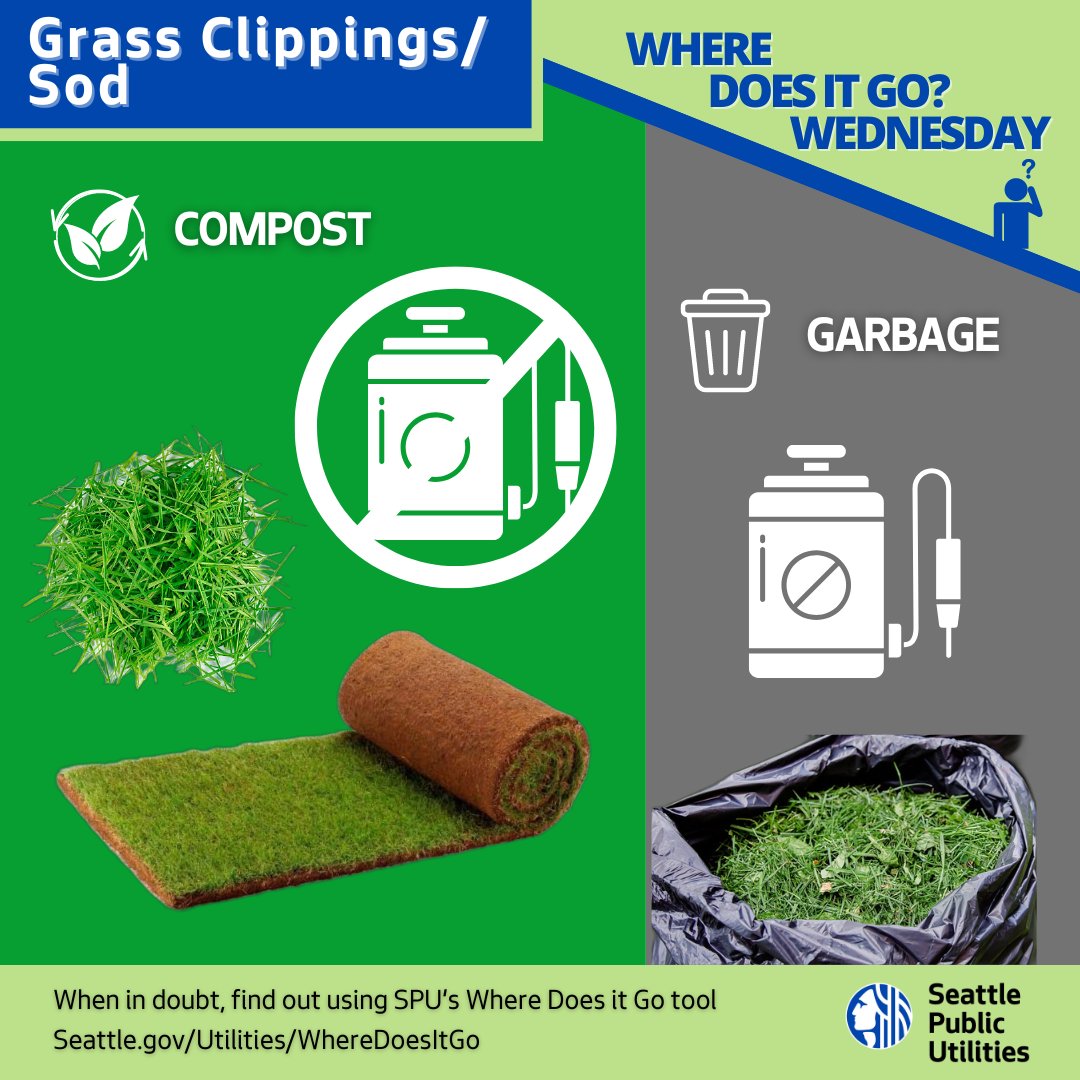 🏡 Grass clippings and sod can be composted unless heavily treated with chemicals/fertilizers. Put them in your green bin, or if it's too much to fit, stop by your local transfer station!