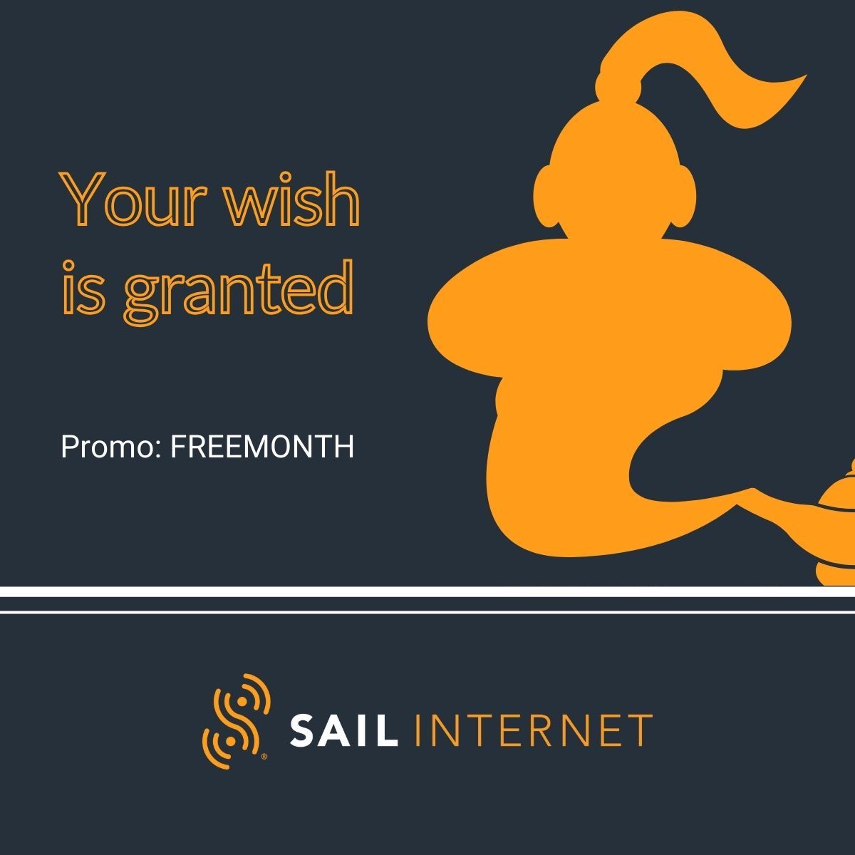 🧞‍♂️At Sail, we make wishes come true.🧞‍♂️
 Join in May and receive a month on us. Use promo: FREEMONTH. 
Check if you’re eligible - sailinternet.com

#CustomerFirst #internetserviceprovider