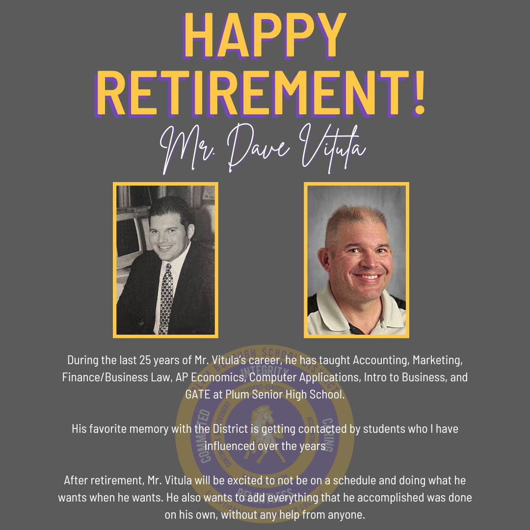 🎉 A huge congratulations to Mr. Vitula on his well-deserved retirement at the end of this school year! Thank you for all the hard work and dedication you've put in over the years.  Cheers to you, Mr. Vitula! ⭐