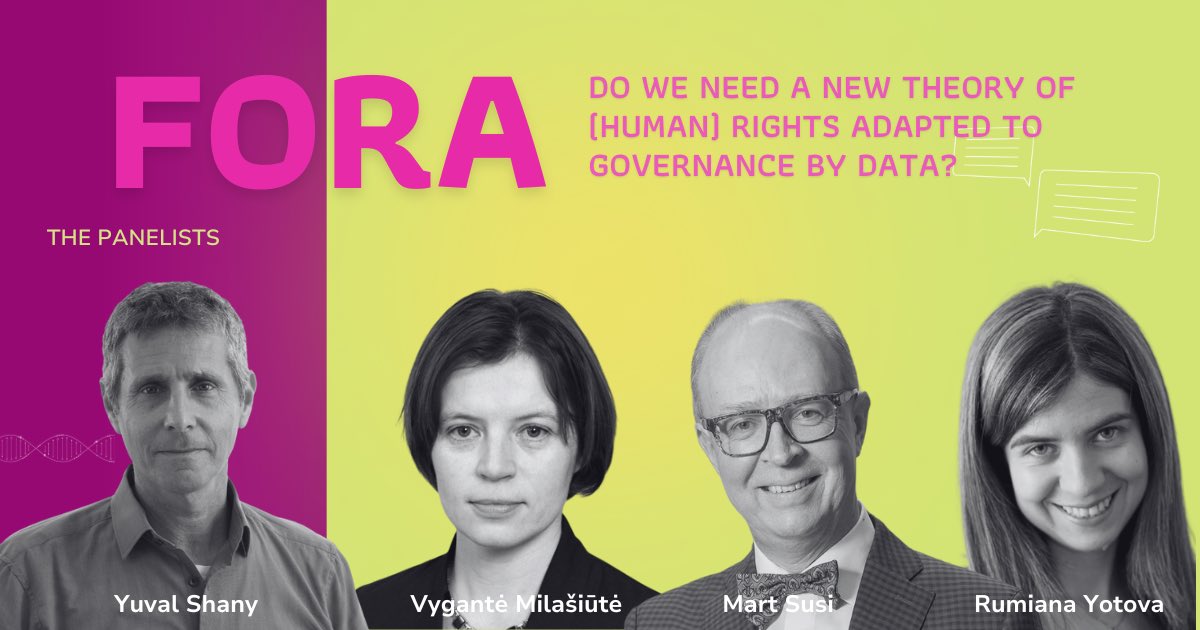 The ⚡️ second fora topic of #ESIL2024Vilnius will discuss do we need a new theory of (human) rights adapted to governance by data? What is the role of humanrights in the digital era? Excited to introduce our panel: Vygantė Milašiūtė, Yuval Shany, Mart Susi and Rumiana Yotova.