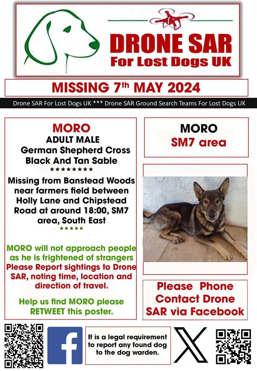 #LostDog #Alert MORO Male German Shepherd Cross Black And Tan Sable (Age: Adult) Missing from Banstead Woods near farmers field between Holly Lane and Chipstead Road at around 18:00, SM7 area, South East on Tuesday, 7th May 2024 #DroneSAR #MissingDog