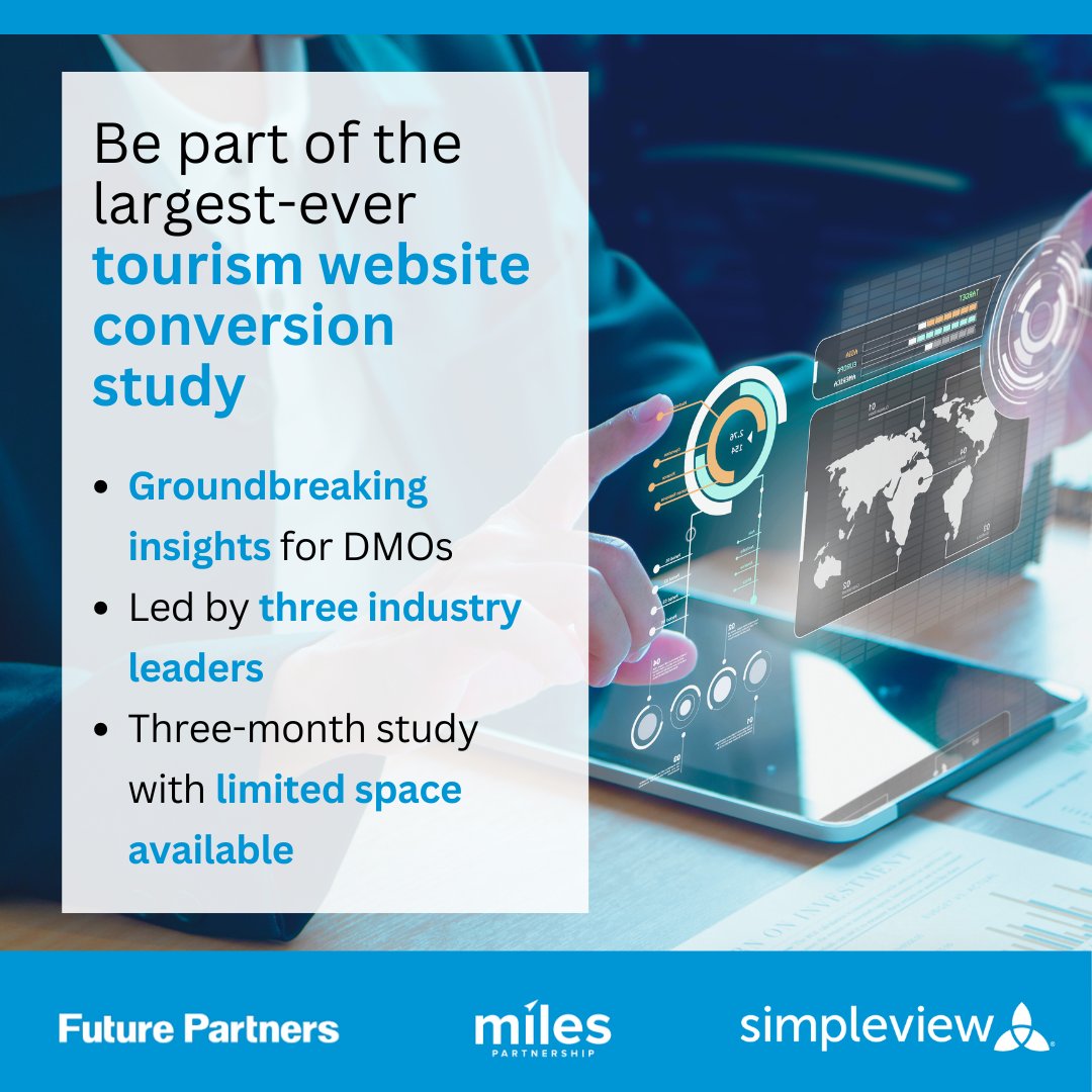 We're teaming up with @meetmiles & @FuturePartners3 to conduct the largest official tourism website conversion study ever 🤯 The goal: shed new light on the most effective features & tools a DMO can deploy to drive impactful visitation. Learn more ⬇️ bit.ly/4b3mMj0