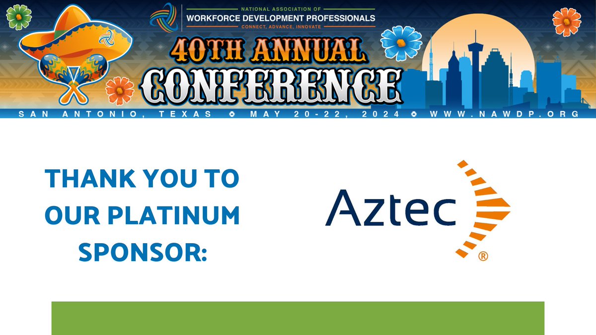 Huge shoutout to Platinum Sponsor @AztecSoftware for backing the NAWDP 40th Annual Conference in San Antonio, TX, May 20-22! Your support fuels innovation and empowers workforce pros! Let's make waves together! nawpd.org #40YearsOfExcellence #WorkforceDevelopment