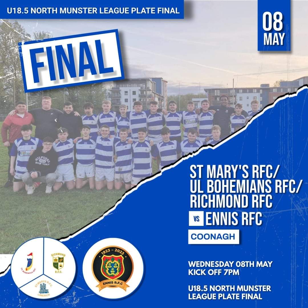 Just a reminder our U18.5s finish off their season TONIGHT in Coonagh when they take on @EnnisRugby in the League Plate Final at 7pm. Your support would be greatly appreciated. Get out and support the lads @RichmondRFC @ulbohemianrfc #thefuture #oneloaf