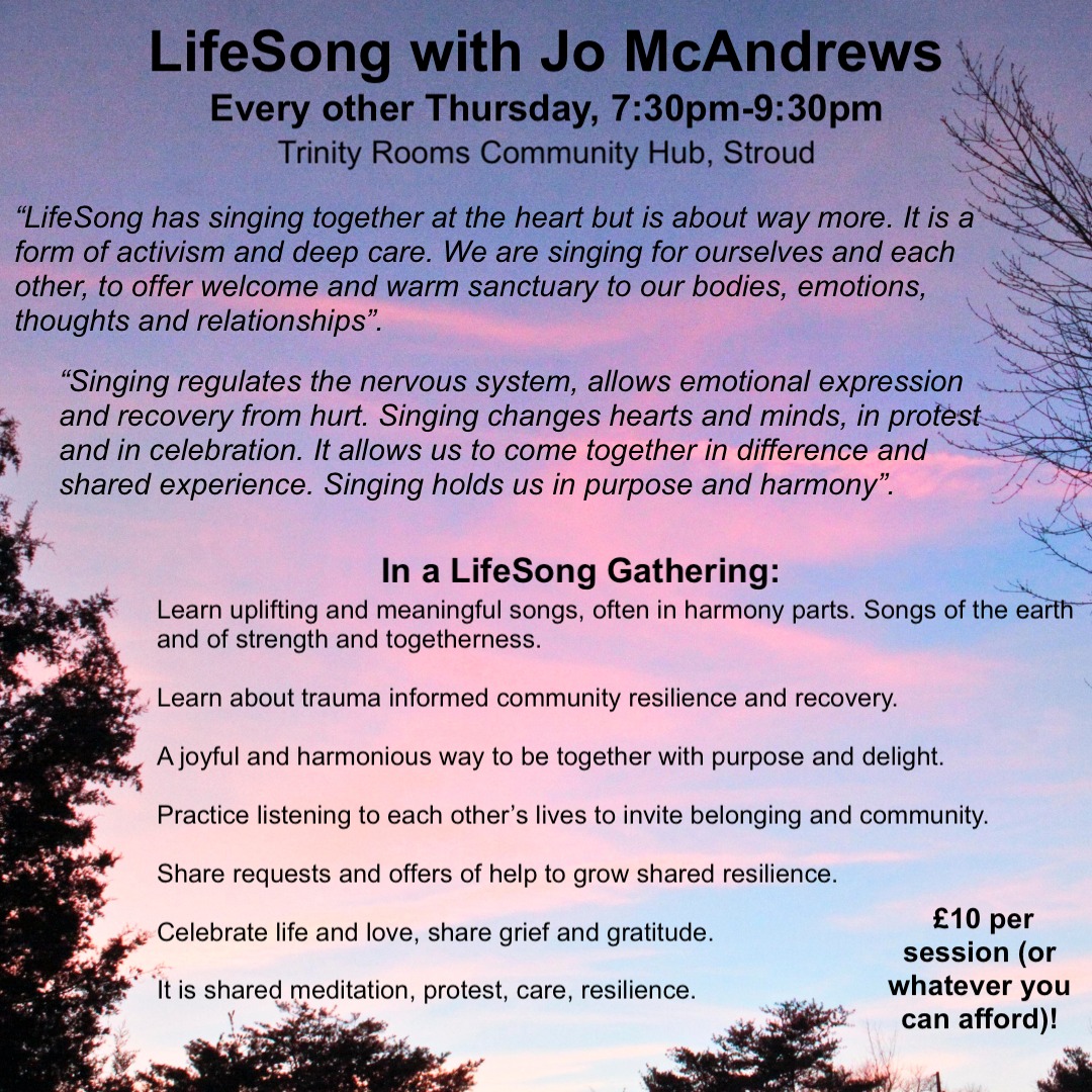 Singing with Jo McAndrews continues every other Thursday (including tomorrow) at our #Stroud based Community Hub, 7:30pm-9:30pm. Come together to grow local community resilience & connect with joy in the face of urgent times through songs. No singing ability or skills needed.
