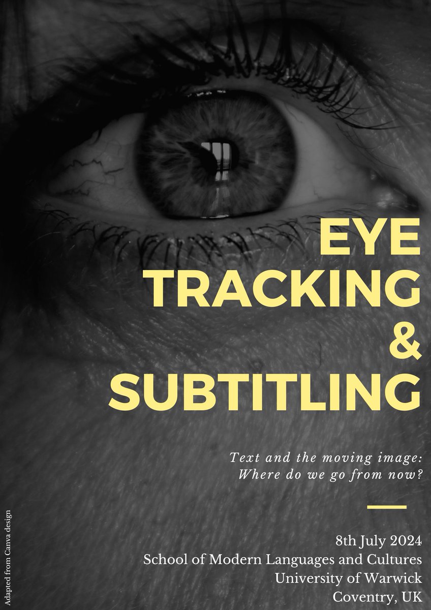 Call for Participants: Symposium #EyeTracking and #Subtitling
8th July 2024
One day, free symposium open to ECRs, researchers and students in #translation studies and neighbouring fields.
Find more information and register here: warwick.ac.uk/fac/arts/moder…