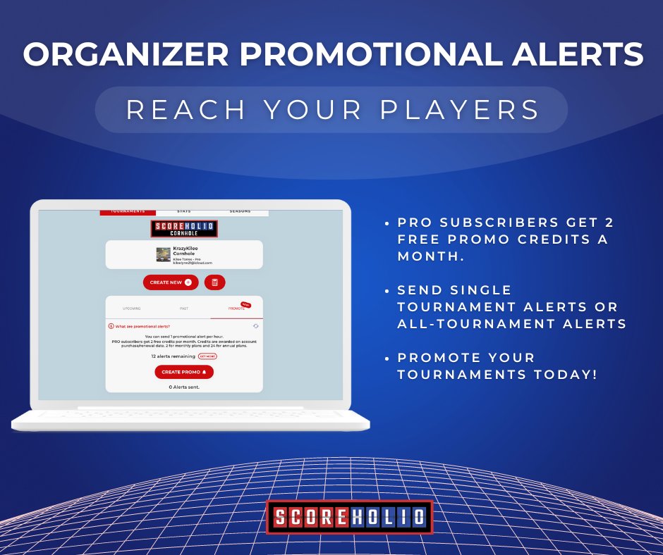 scoreholio's tweet image. Are you an organizer and want to reach more players with your tournaments? Check out Scoreholio Promotional Alerts!

Learn more about promo alerts here: docs.scoreholio.com/run-a-tourname…
