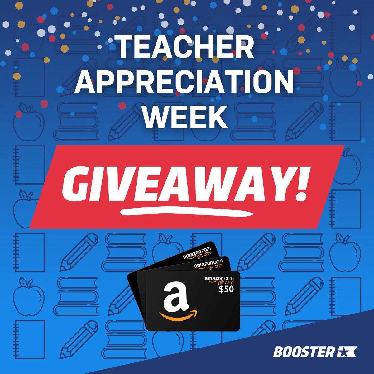 🎉 We're celebrating all of our amazing teachers with a Teacher Appreciation Week GIVEAWAY! 🎉 Reply and tag a teacher for their chance to win one of three $50 Amazon gift cards! And make sure you're following @choosebooster. Giveaway rules: bit.ly/3QziIyL.