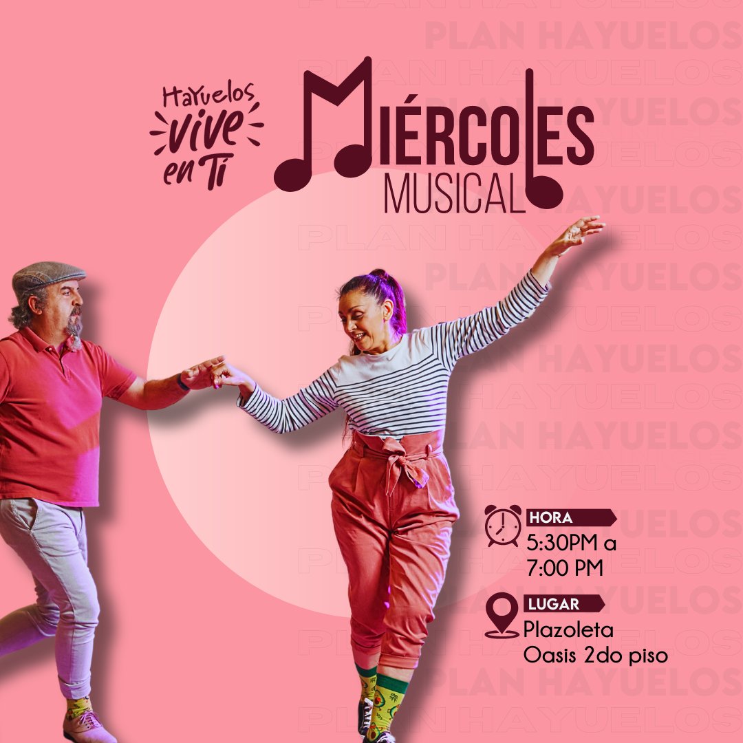 ¿Disfrutas bailar y pasar un rato agradable?
 ¡No te pierdas nuestro #MiercolesMusical en #Hayueloscc de 5:30 Pm a 7:00 Pm, en la Plazoleta Oasis del Segundo piso! ¡Te esperamos!