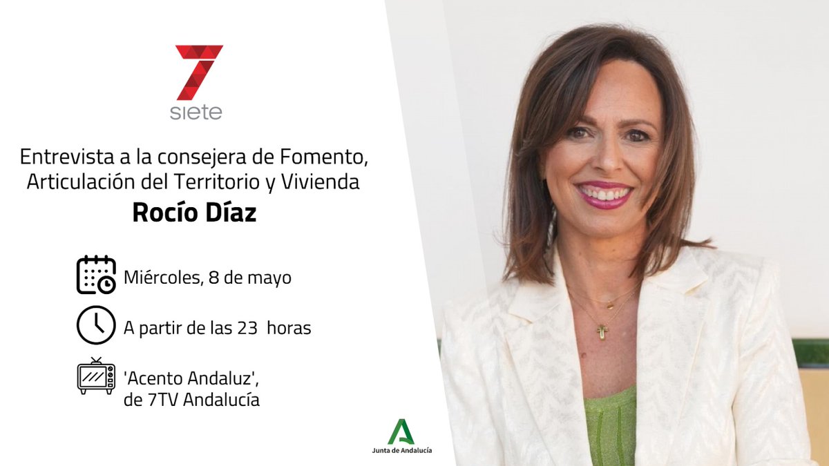 📺  La consejera @Rocio_DiazJ será entrevistada esta noche en el programa #AcentoAndaluz de @7TVAndalucia por el periodista @FP_Monguio.

🕚 A partir de las 23 horas.