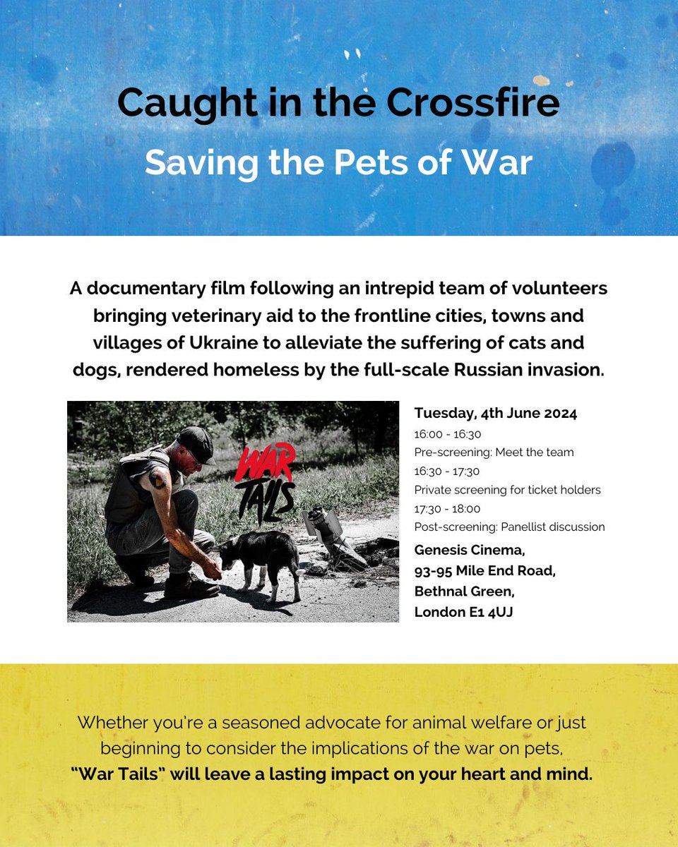 The animals of Ukraine. Caught in the crossfire. Join us at a preview screening of War Tails, a documentary made by those on the ground in Ukraine doing all they can for animals affected by the Russian invasion. 4th June PM Bethnal Green, London Tickets eventbrite.com/e/exclusive-pr…