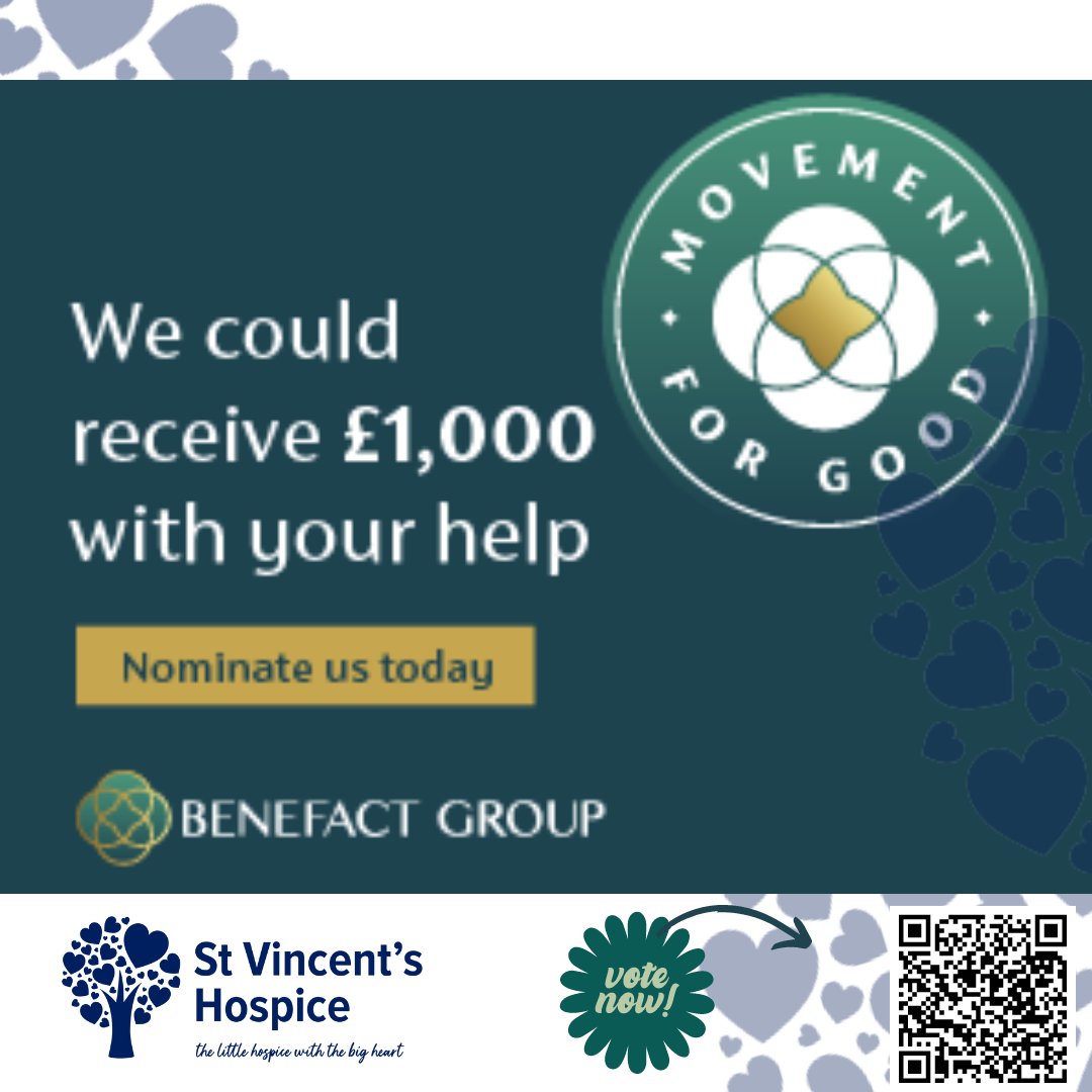 ⌛Can you spare just ONE minute to nominate your Little Hospice 👉Scan the QR Code or Click this link ow.ly/Xv1X50RzjqB 👉Select 'nominate a charity for £1000' 🔍Search for SC006888 - St Vincents Hospice Limited ⌨️Fill in your details 📣Then spread the word #benefactgroup