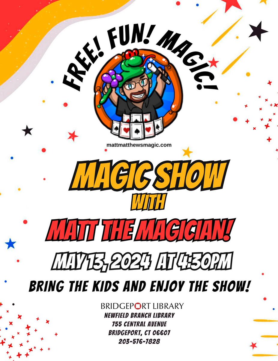 Join Newfield Branch Library for an enchanting Magic Show featuring Matt the Magician on Monday, May 13th at 4:30pm. Thrill the whole family with his mesmerizing tricks! The show is free and open to all.