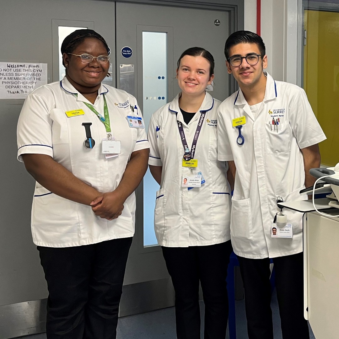 Meet nursing students Soban, Trifia and Amelia, who are on placement with us from @UniOfSurrey 👋 Ahead of #InternationalNursesDay, we want to give a shout out to all the nursing students, who are a valuable part of our workforce and the future of the NHS 💪