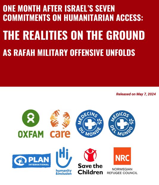 Important report by highly reputable humanitarian aid NGO's makes it clear that "the Israeli authorities have not implemented the pledged commitments they made on April 6, 2024, following the killing of seven World Central Kitchen (<a href="/WCKitchen/">World Central Kitchen</a>) staff, to facilitate increased