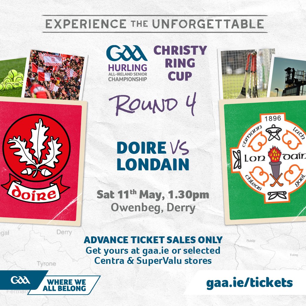 ⚾️🇦🇹 𝗖𝗛𝗥𝗜𝗦𝗧𝗬 𝗥𝗜𝗡𝗚

Derry face London in Round 4 of the Christy Ring cup on Saturday. 

This game will be pivotal in the final standings of the group, with the top two teams qualifying for the Christy Ring final. 

🎟️ Get your tickets at GAA.ie or