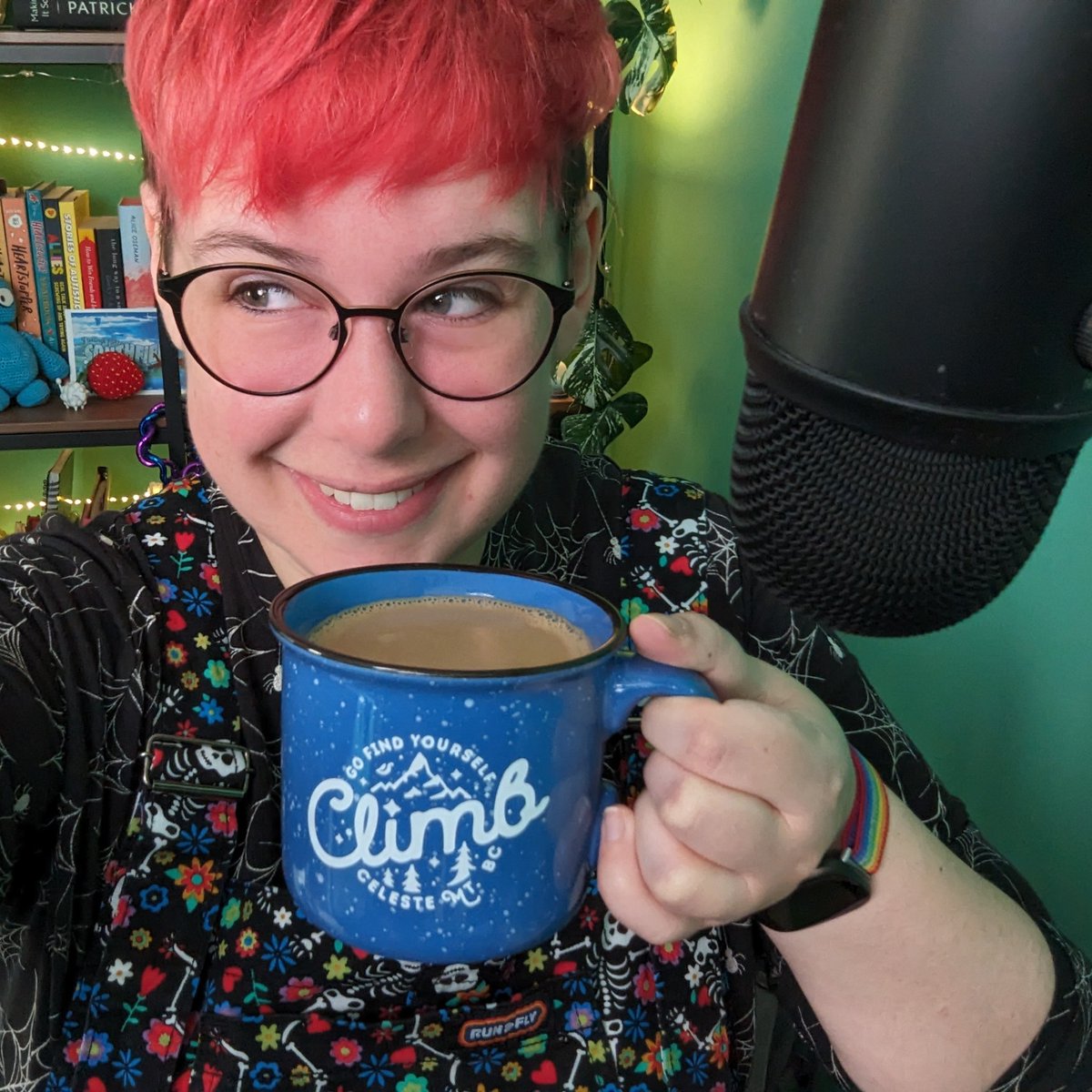 just a lil badeline 💜 sippin on mountain fuel, ready for another @celeste_game stream 💪 whaddaya think of my new mug? 👀 raising funds for @SafeInOurWorld and supporting game dev mental health ✨ LIVE 🔴 twitch.tv/heckin_flop
