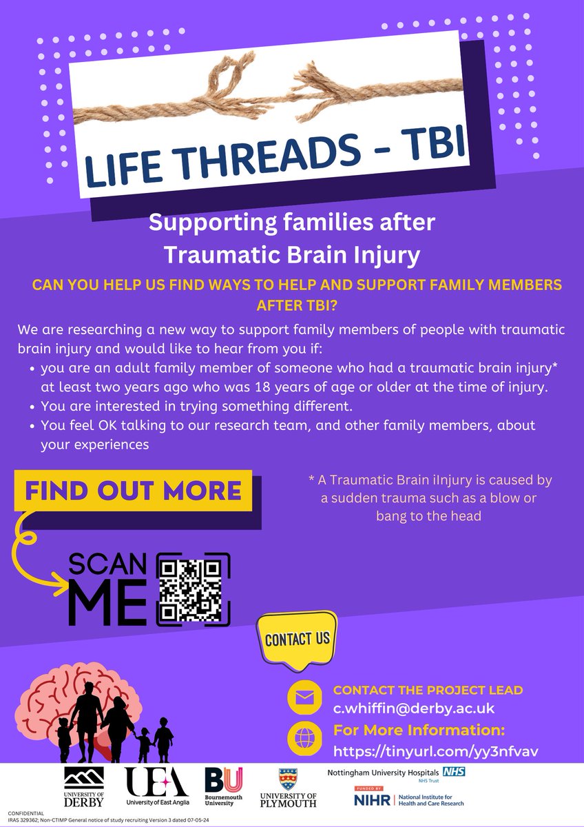 Are you a family member of an adult with #TBI, or know someone who is? Please check out our study flyer and consider taking part in this research that aims to help family members make sense of their own story following the injury of a loved one. @anchorpoint_abi 👇