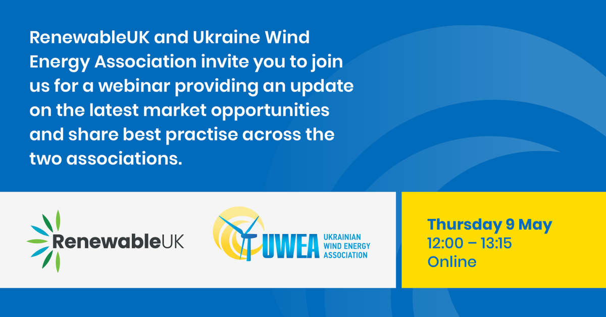 Join us tomorrow, Thursday 9 May from 12:00 – 13:15 UK time or 14:00 – 15:15 Kyiv time for our upcoming member exchange webinar hosted by @RenewableUK and Ukrainian Wind Energy Association 📆 💻 As part of our ongoing Memorandum of Understanding (MOU) with UWEA, this webinar…