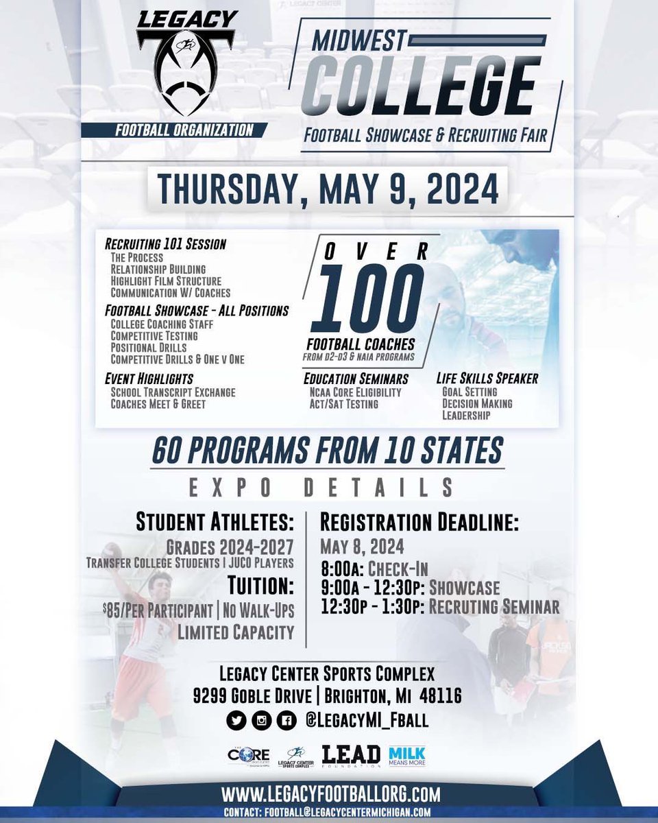 Excited to announce @PrepRedzoneMI will be in attendance at our Midwest College Showcase Thursday May 9th at @Legacy_CenterMI! Come compete against the best in the midwest! LIMITED SPOTS AVAILABLE ‼️ Register at legacyfootballorg.com @Legacy_Recruit @alex_pallone…