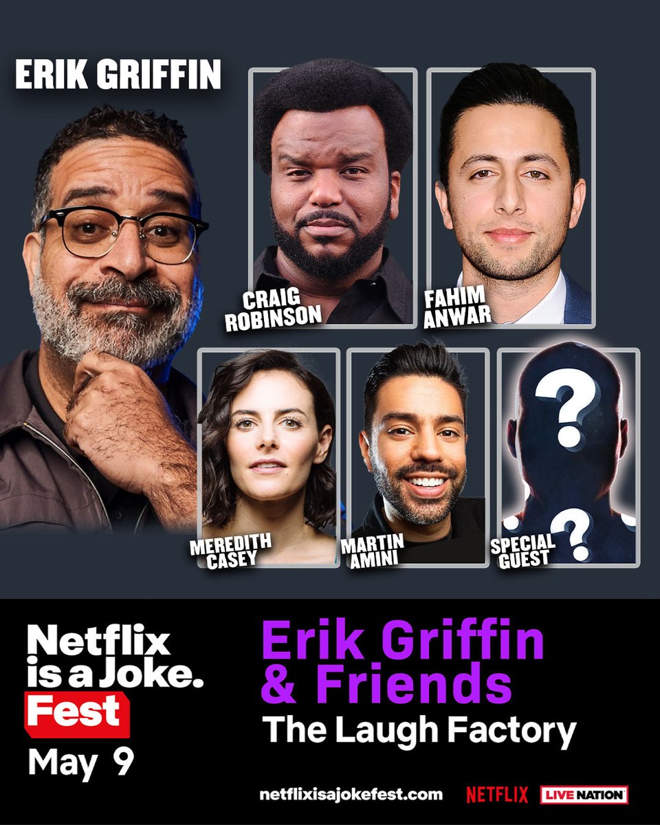 Erik Griffin has a wild show planned that you don’t want to miss at the Laugh Factory on May 9!
Can you guess the special guest? (Don’t worry that’s just clipart, not the Riddler.) #NetflixIsAJokeFest
🎟️: tixr.com/promoters/netf…
