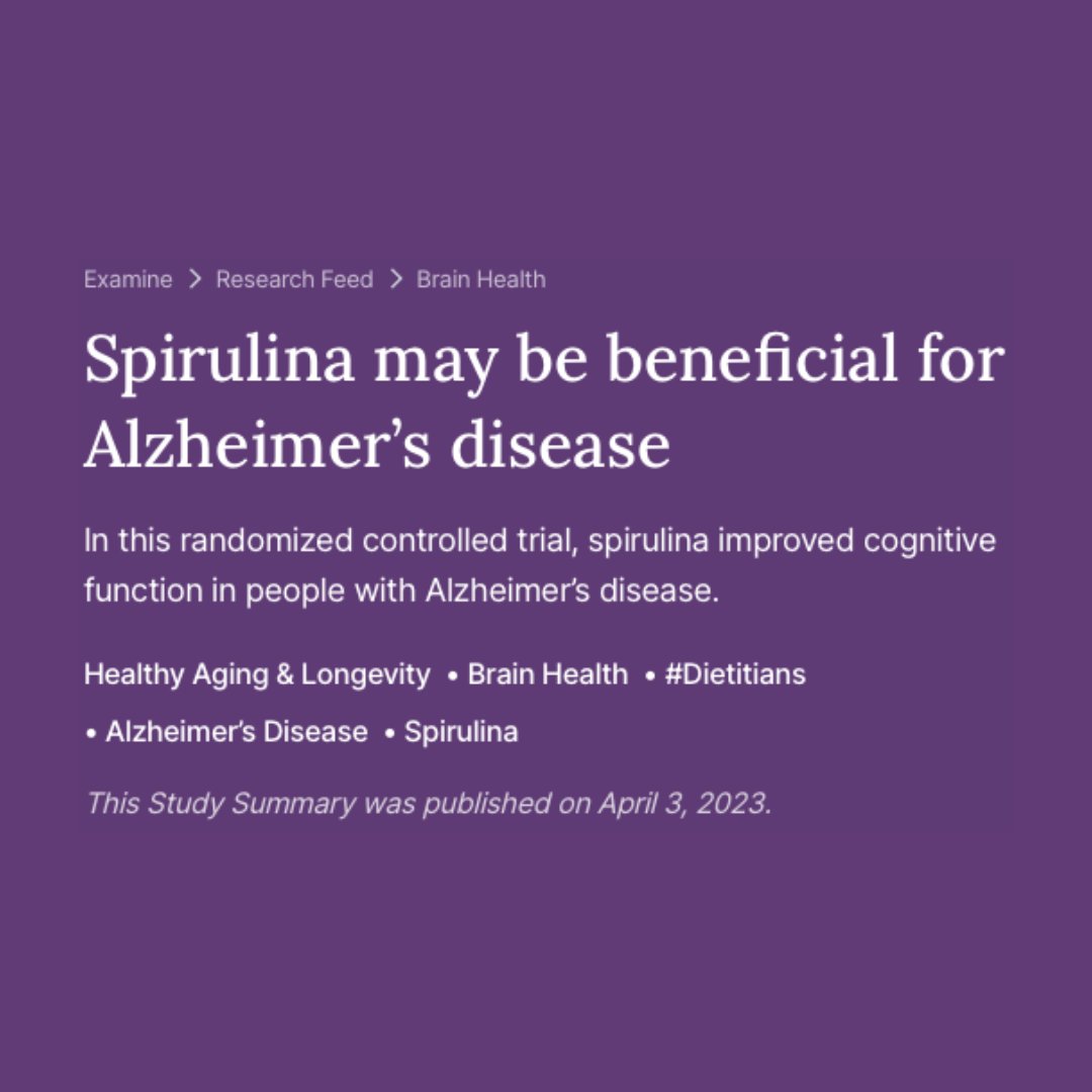 In this randomized controlled trial, spirulina improved cognitive function in people with Alzheimer’s disease.

Learn more: examine.news/tw240508-3

#examined #spirulina #alzheimers #aging