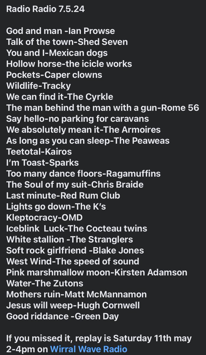 Playlist for my debut show on <a href="/WirralWaveRadio/">Wirral Wave Radio</a>