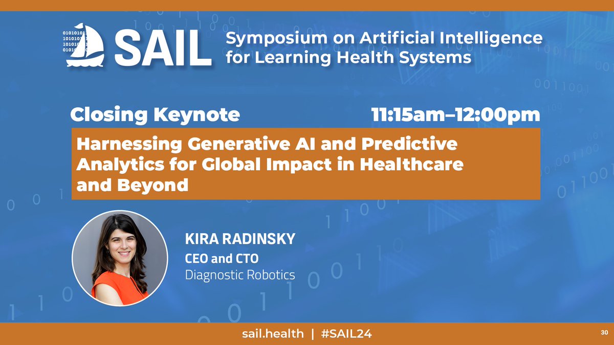Join the livestream of #SAIL24 Closing Keynote Friday May 10 at 11:15 am: Dr. Kira Radinsky (@DiagnosticRobo) on 'Harnessing Generative AI and Predictive Analytics for Global Impact in Healthcare and Beyond' bit.ly/sail-24